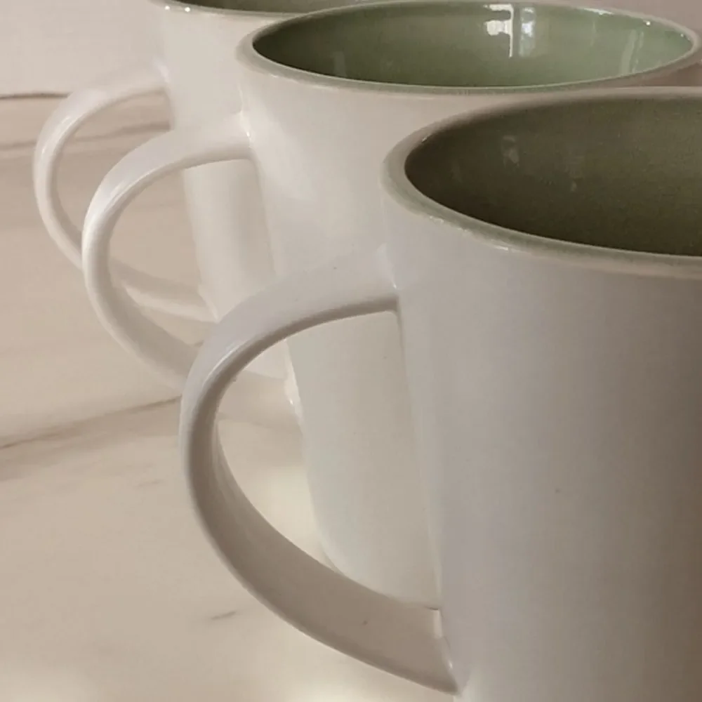 3 PIER 1 IMPORTS DUSK JADE Crackle Green Smooth White Stoneware Coffee Mugs